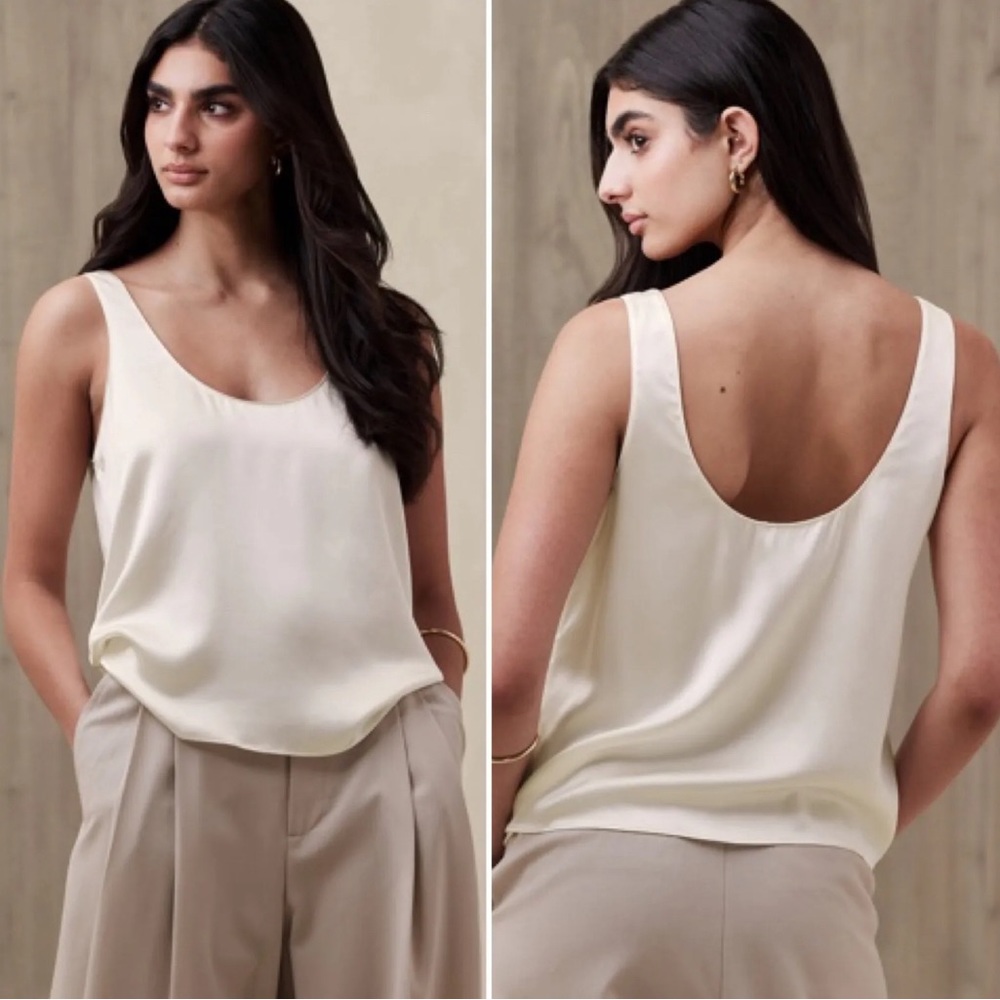 NWT Banana Republic Sublime Silk Tank SMALL PETITE Winter White Sleeveless Scoop